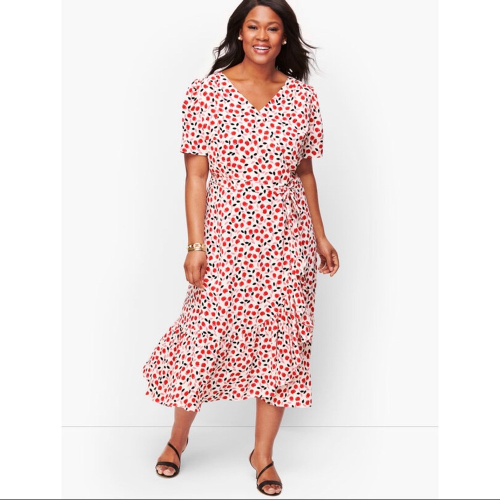 Talbots Cascade Wrap Dress 16W V-neck Tulip Red